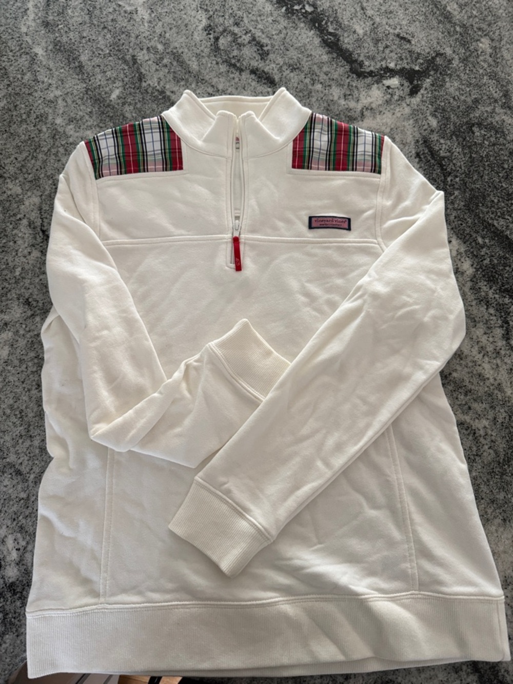 Vineyard Vines White Quarter-Zip Pullover with Red & Green Plaid Shoulders